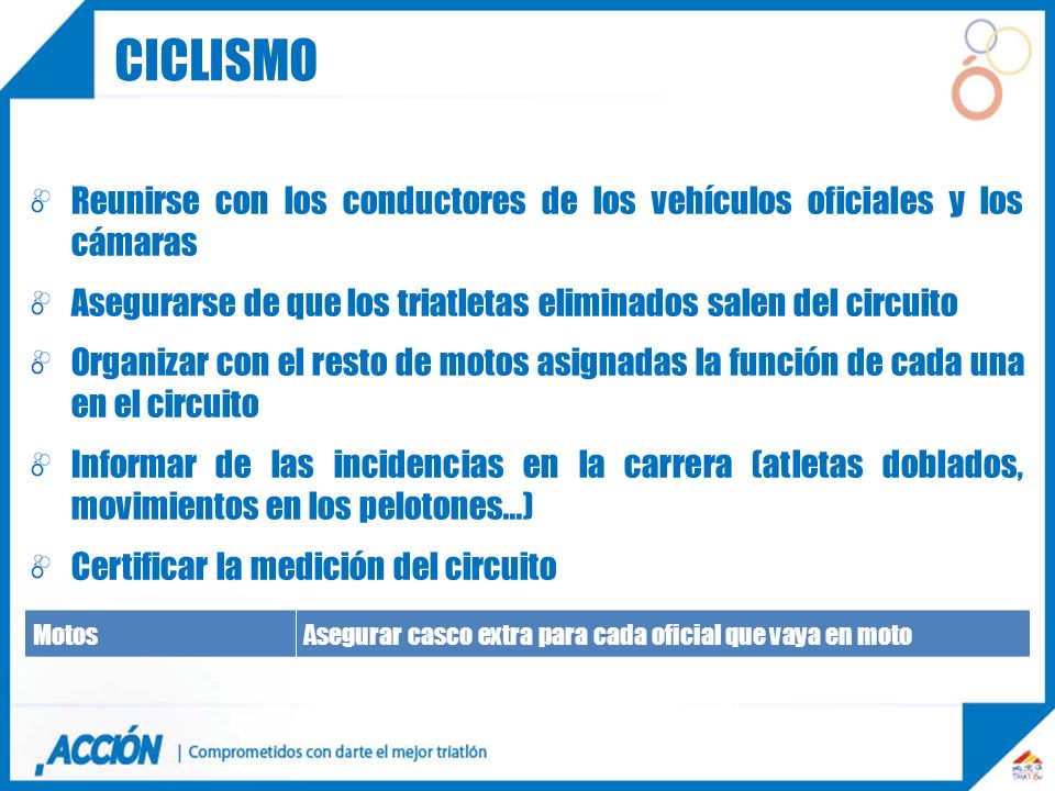 ciclismo Reunirse con los conductores de los vehículos oficiales y los cámaras. Asegurarse de que los triatletas eliminados salen del circuito.