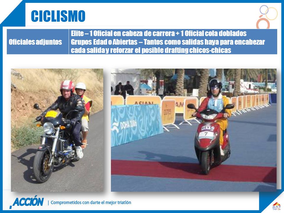 ciclismo Oficiales adjuntos. Elite – 1 Oficial en cabeza de carrera + 1 Oficial cola doblados.