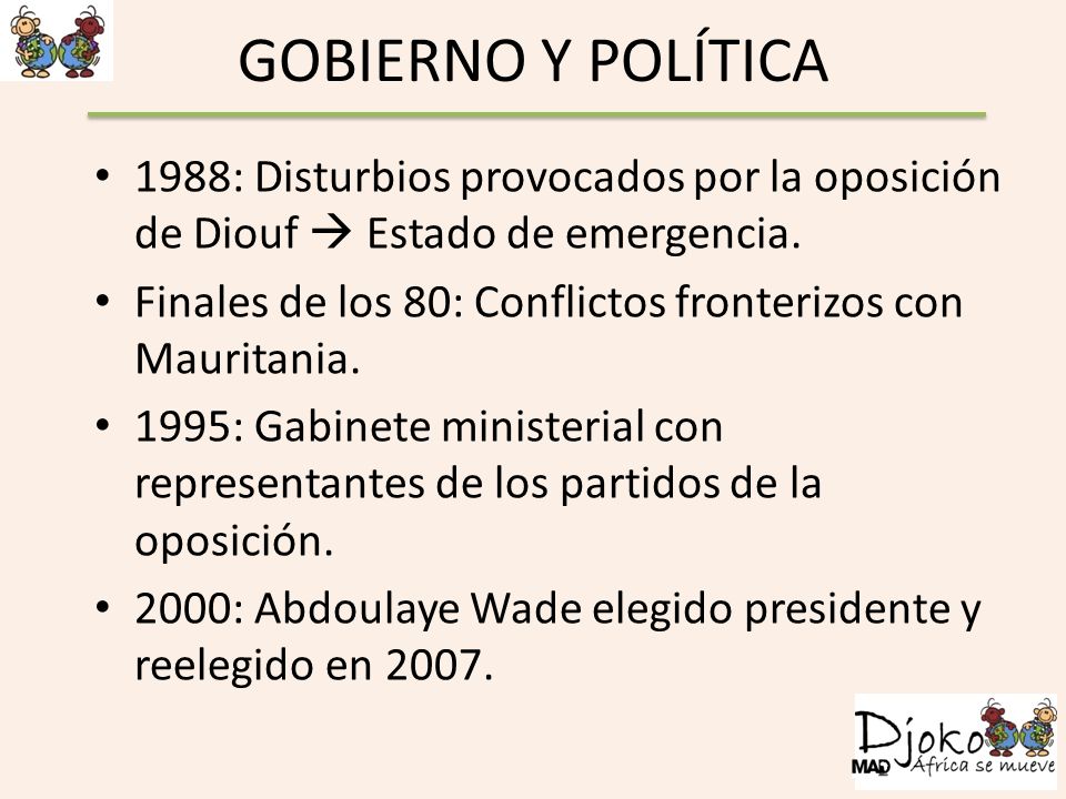 GOBIERNO Y POLÍTICA 1988: Disturbios provocados por la oposición de Diouf  Estado de emergencia.