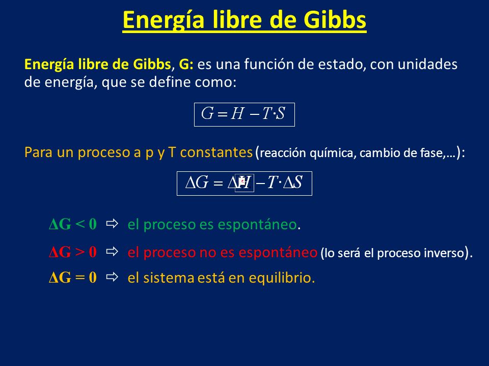 Energía libre de Gibbs Energía libre de Gibbs, G: es una función de estado, con unidades de energía, que se define como: