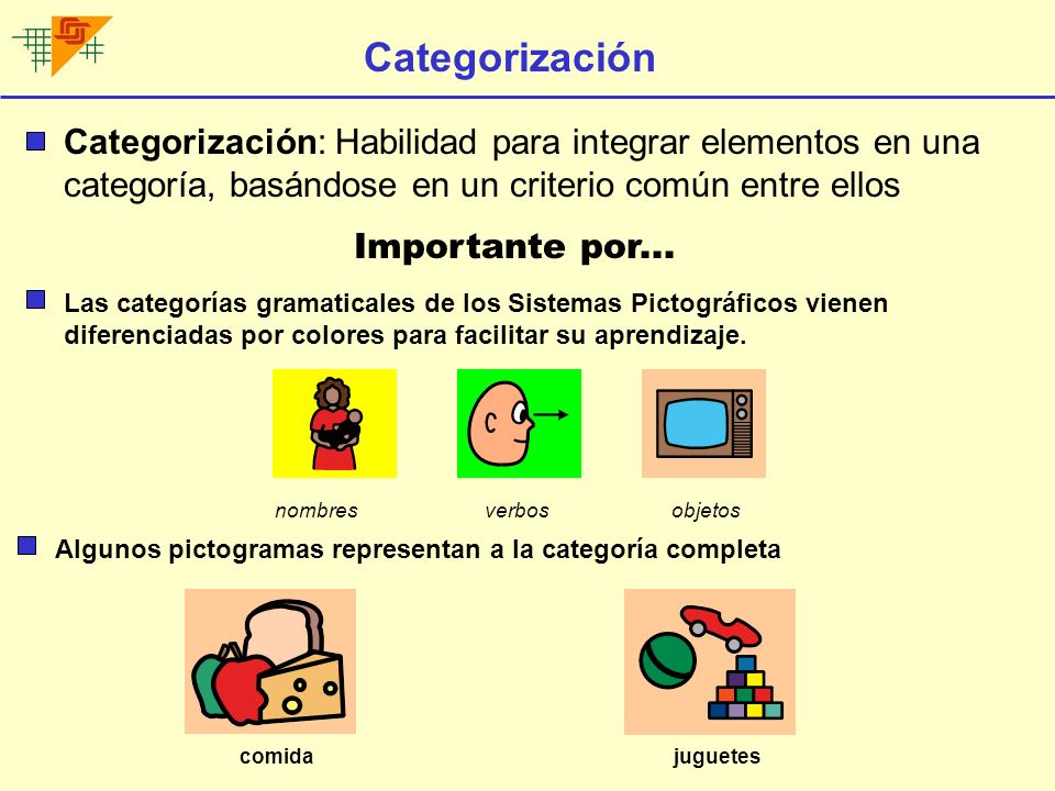 Categorización Categorización: Habilidad para integrar elementos en una categoría, basándose en un criterio común entre ellos.