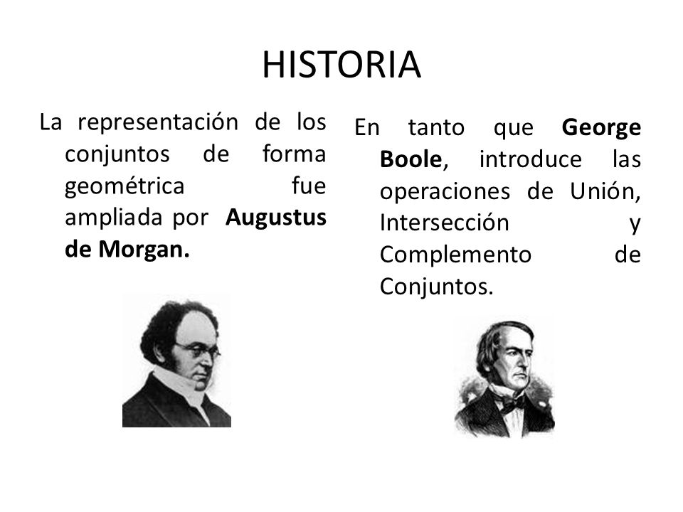HISTORIA La representación de los conjuntos de forma geométrica fue ampliada por Augustus de Morgan.
