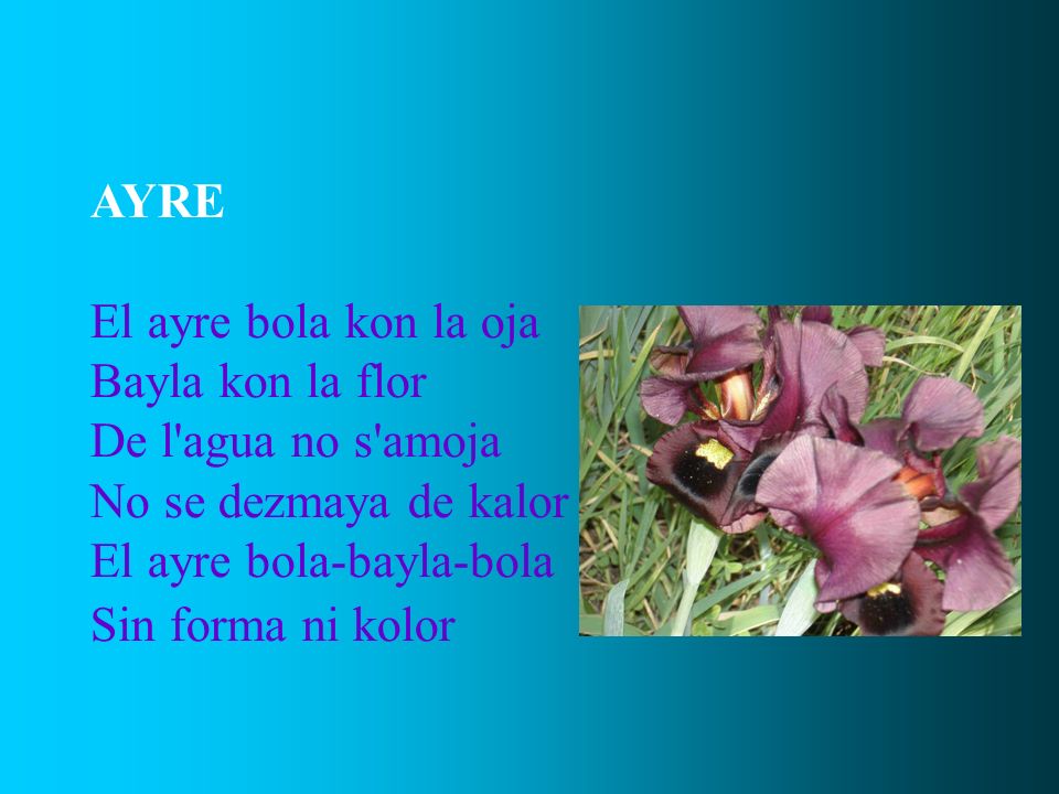 AYRE El ayre bola kon la oja. Bayla kon la flor. De l agua no s amoja. No se dezmaya de kalor. El ayre bola-bayla-bola.