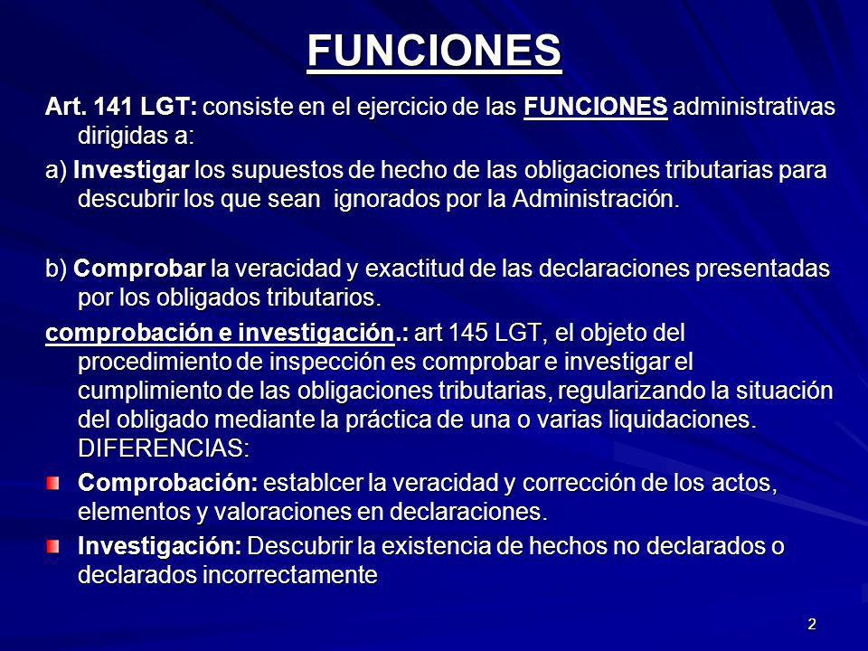 FUNCIONES Art. 141 LGT: consiste en el ejercicio de las FUNCIONES administrativas dirigidas a: