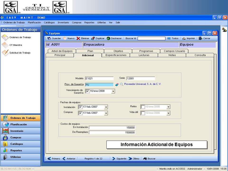 Información Adicional de Equipos