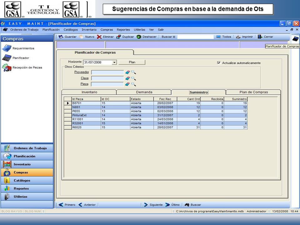 Sugerencias de Compras en base a la demanda de Ots