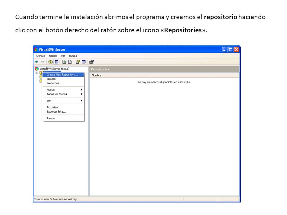 Cuando termine la instalación abrimos el programa y creamos el repositorio haciendo clic con el botón derecho del ratón sobre el icono «Repositories».