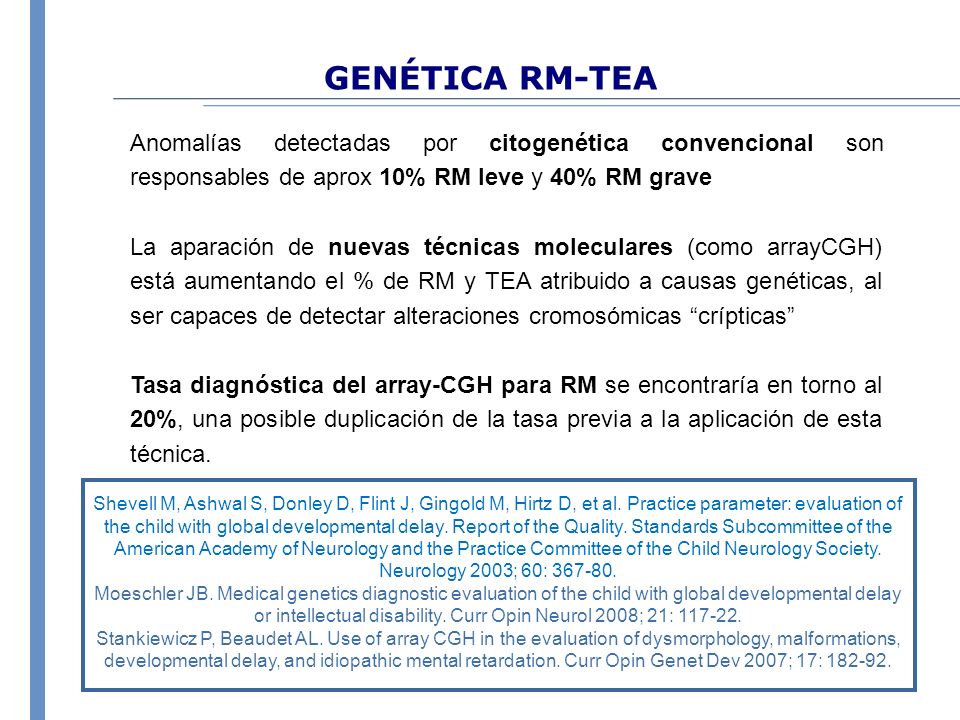 GENÉTICA RM-TEA Anomalías detectadas por citogenética convencional son responsables de aprox 10% RM leve y 40% RM grave.