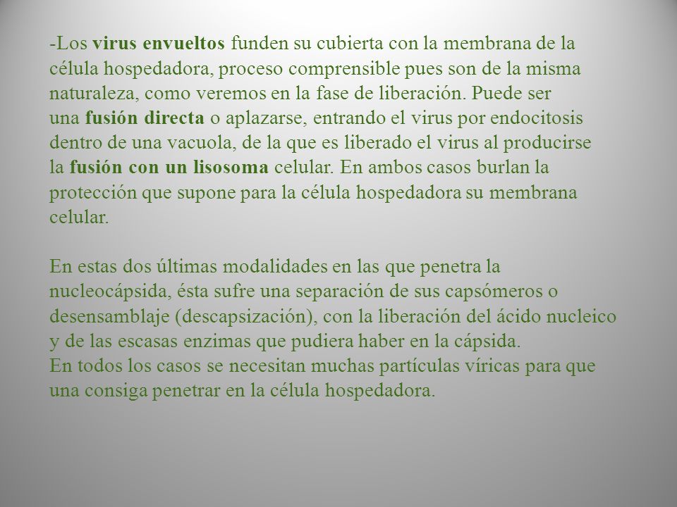 Los virus envueltos funden su cubierta con la membrana de la célula hospedadora, proceso comprensible pues son de la misma naturaleza, como veremos en la fase de liberación. Puede ser una fusión directa o aplazarse, entrando el virus por endocitosis dentro de una vacuola, de la que es liberado el virus al producirse la fusión con un lisosoma celular. En ambos casos burlan la protección que supone para la célula hospedadora su membrana celular.