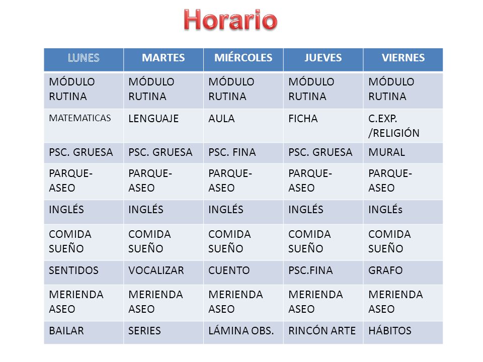 Horario LUNES MARTES MIÉRCOLES JUEVES VIERNES MÓDULO RUTINA LENGUAJE