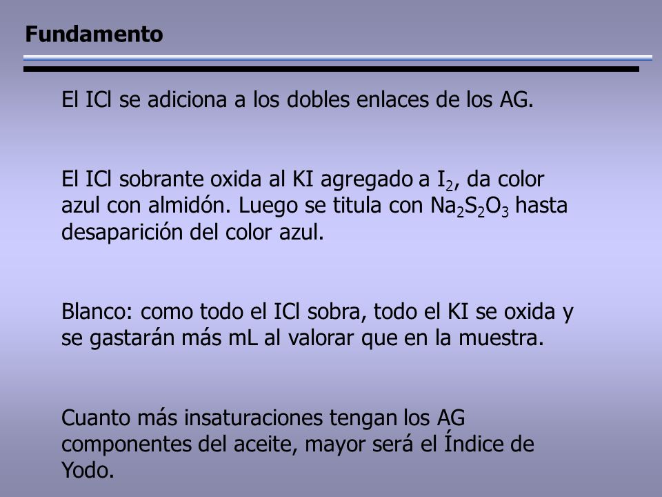 Fundamento El ICl se adiciona a los dobles enlaces de los AG.