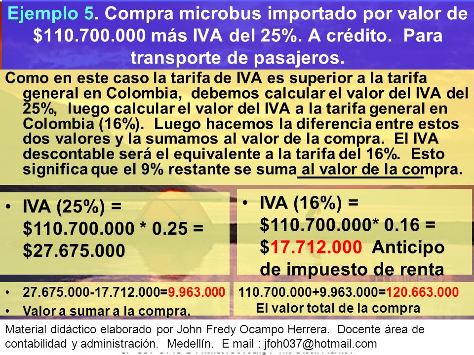 Ejemplo 5. Compra microbus importado por valor de $