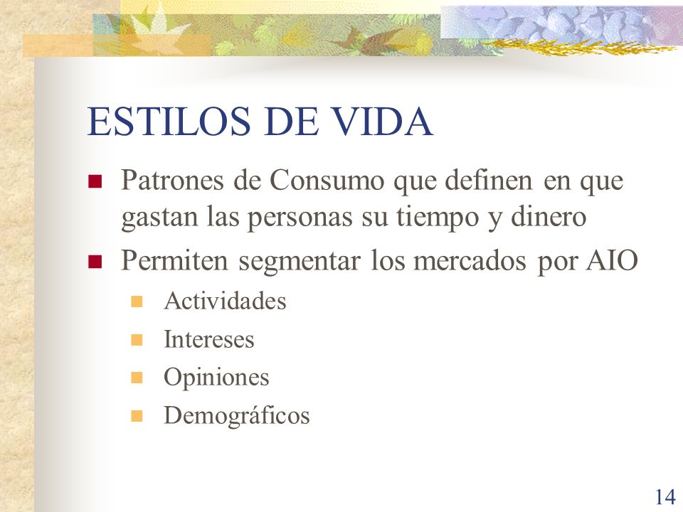 ESTILOS DE VIDA Patrones de Consumo que definen en que gastan las personas su tiempo y dinero. Permiten segmentar los mercados por AIO.