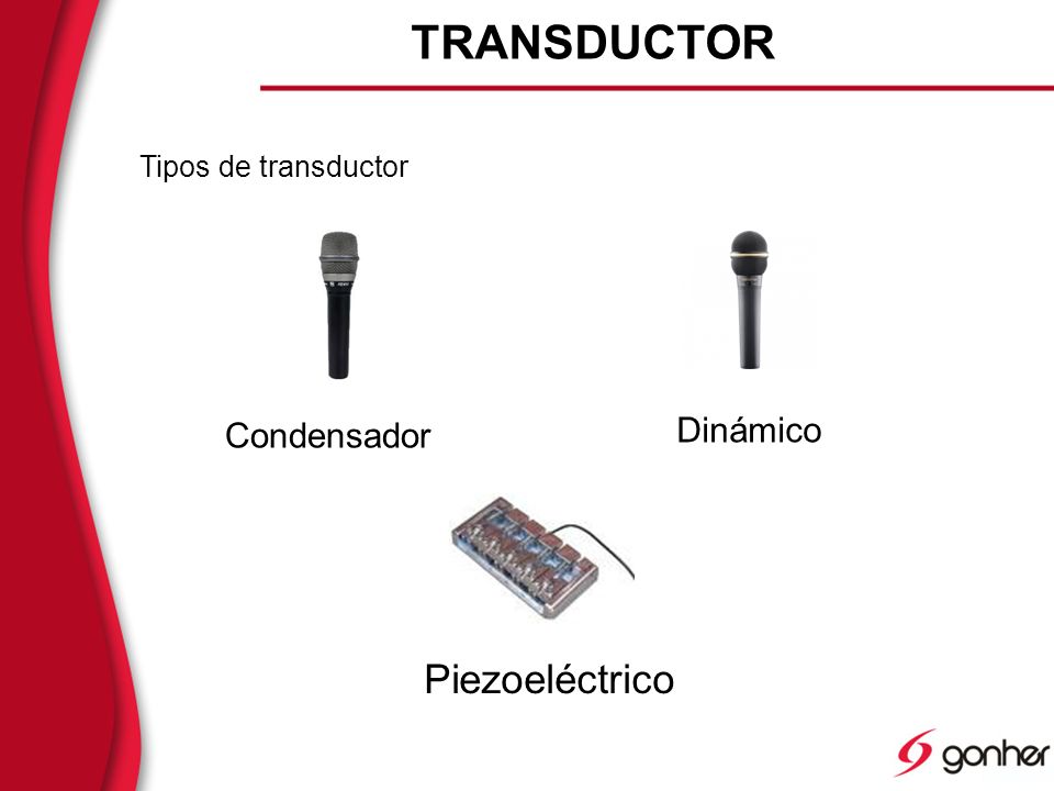 TRANSDUCTOR Tipos de transductor Condensador Dinámico Piezoeléctrico