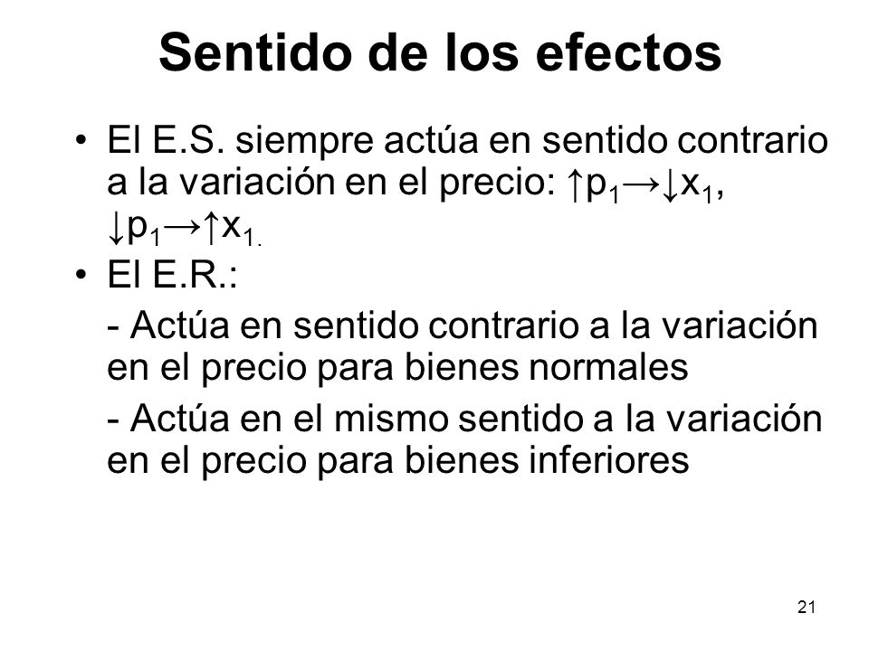 Sentido de los efectos El E.S. siempre actúa en sentido contrario a la variación en el precio: ↑p1→↓x1, ↓p1→↑x1.