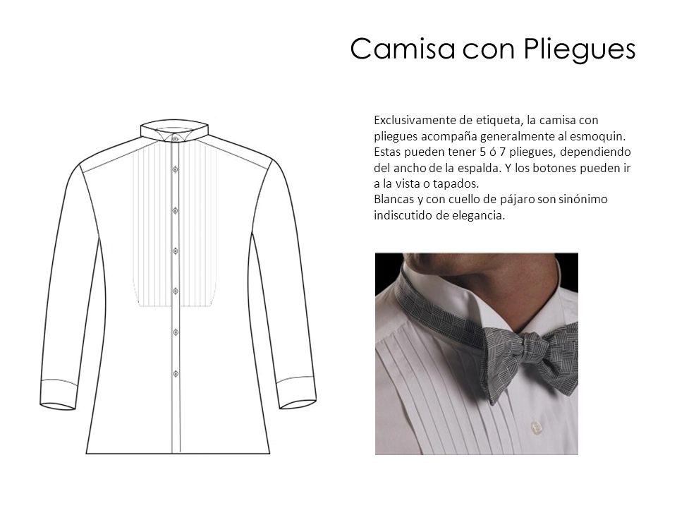 Camisa con Pliegues Exclusivamente de etiqueta, la camisa con pliegues acompaña generalmente al esmoquin.
