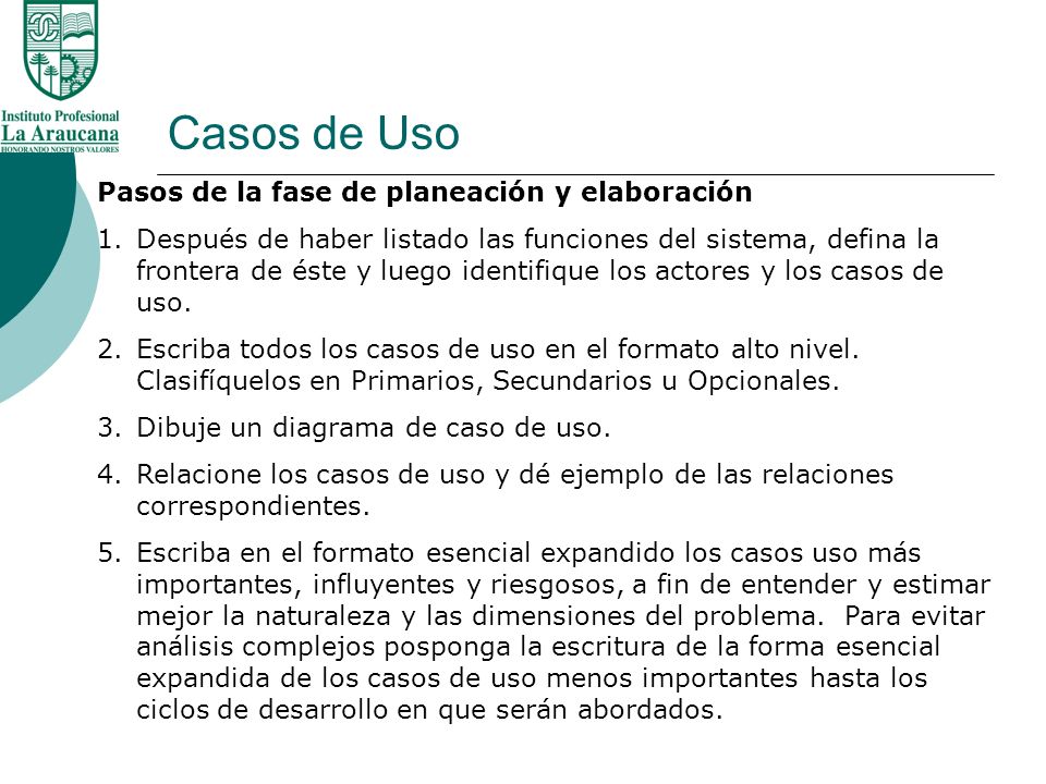 Casos de Uso Pasos de la fase de planeación y elaboración
