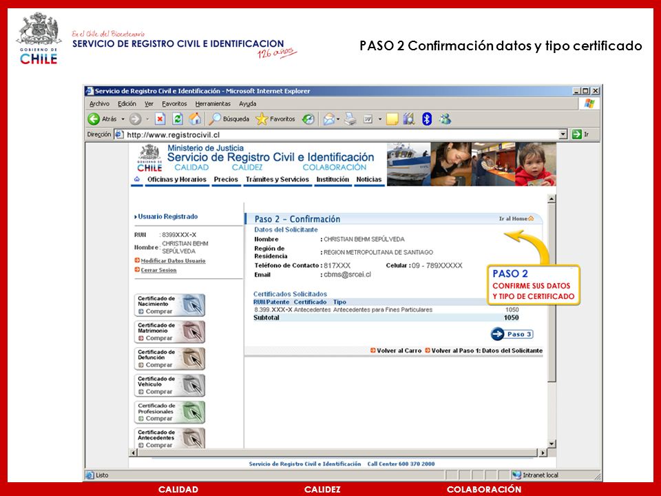 PASO 2 Confirmación datos y tipo certificado