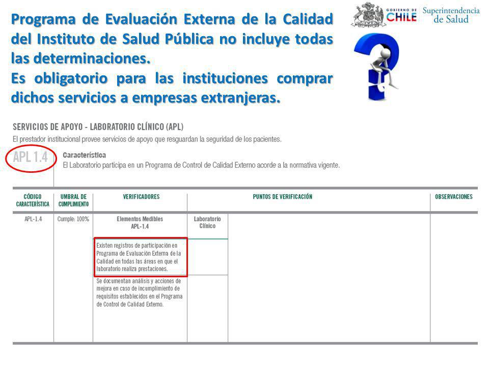 Programa de Evaluación Externa de la Calidad del Instituto de Salud Pública no incluye todas las determinaciones.
