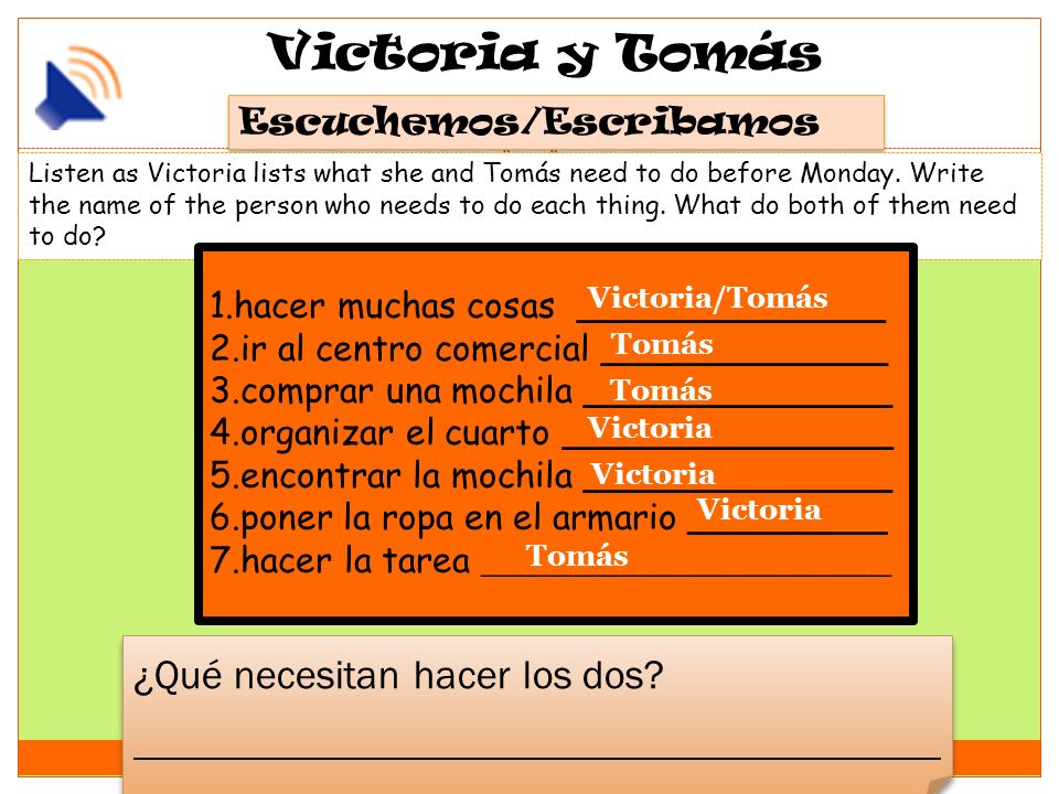 Victoria y Tomás ¿Qué necesitan hacer los dos Escuchemos/Escribamos