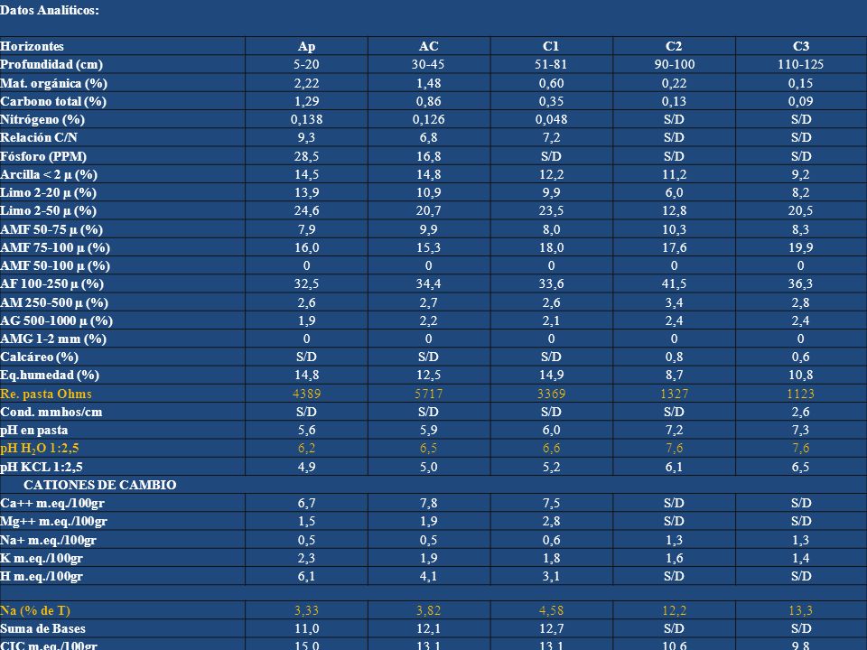 Datos Analíticos: Horizontes. Ap. AC. C1. C2. C3. Profundidad (cm)