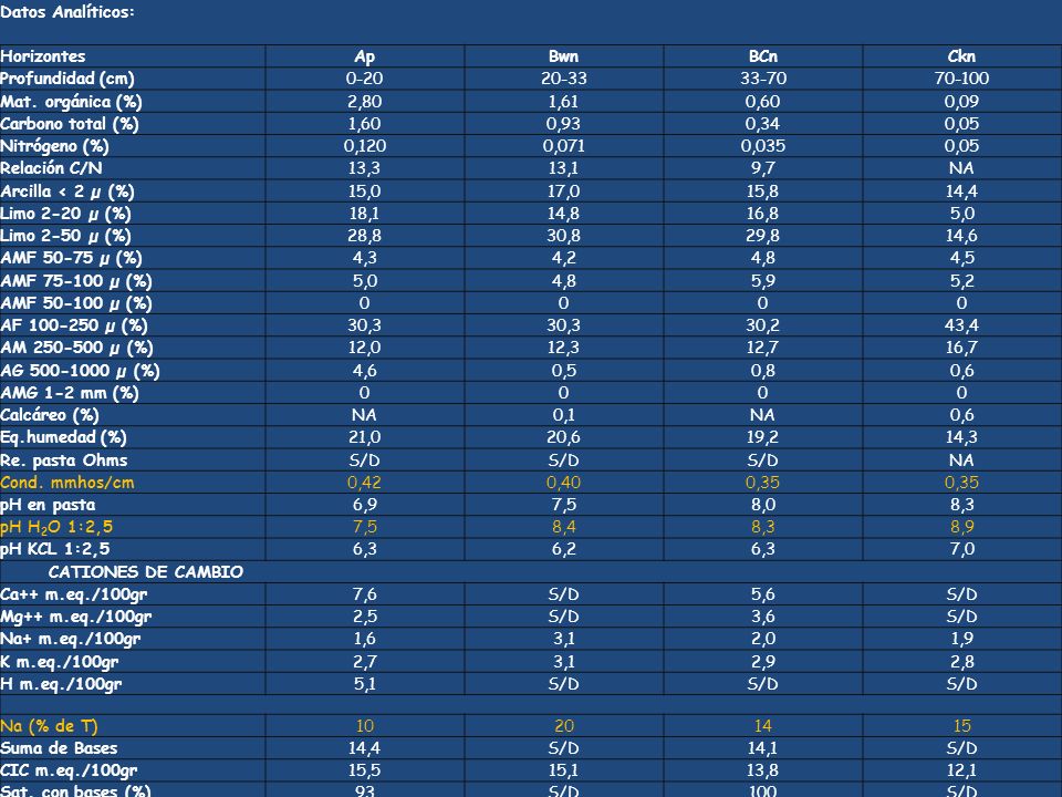 Datos Analíticos: Horizontes. Ap. Bwn. BCn. Ckn. Profundidad (cm)