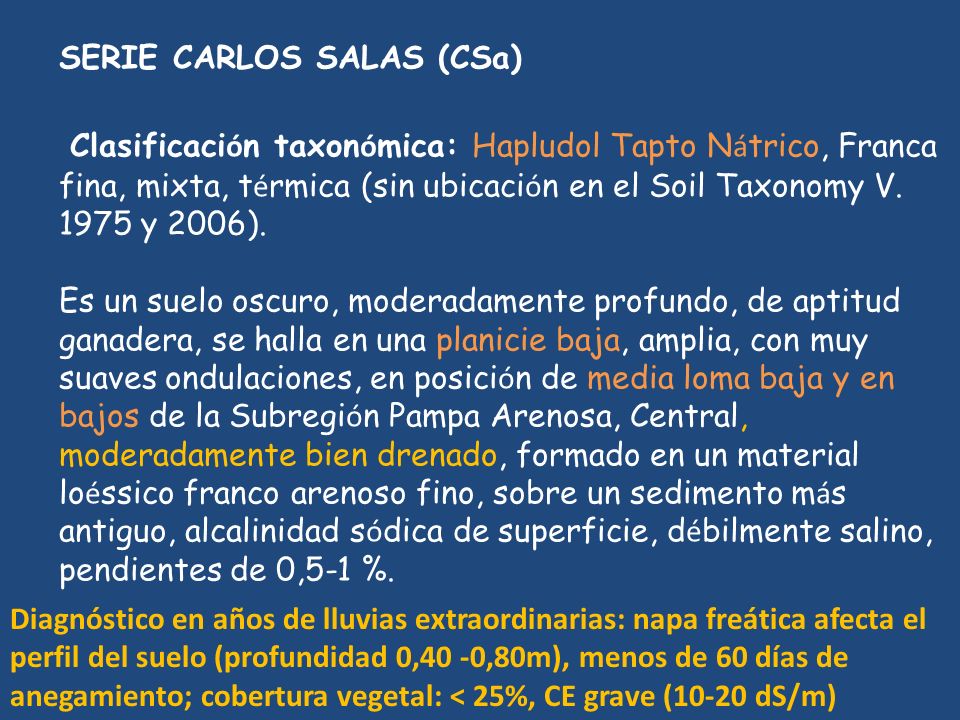 SERIE CARLOS SALAS (CSa) Clasificación taxonómica: Hapludol Tapto Nátrico, Franca fina, mixta, térmica (sin ubicación en el Soil Taxonomy V y 2006). Es un suelo oscuro, moderadamente profundo, de aptitud ganadera, se halla en una planicie baja, amplia, con muy suaves ondulaciones, en posición de media loma baja y en bajos de la Subregión Pampa Arenosa, Central, moderadamente bien drenado, formado en un material loéssico franco arenoso fino, sobre un sedimento más antiguo, alcalinidad sódica de superficie, débilmente salino, pendientes de 0,5-1 %.