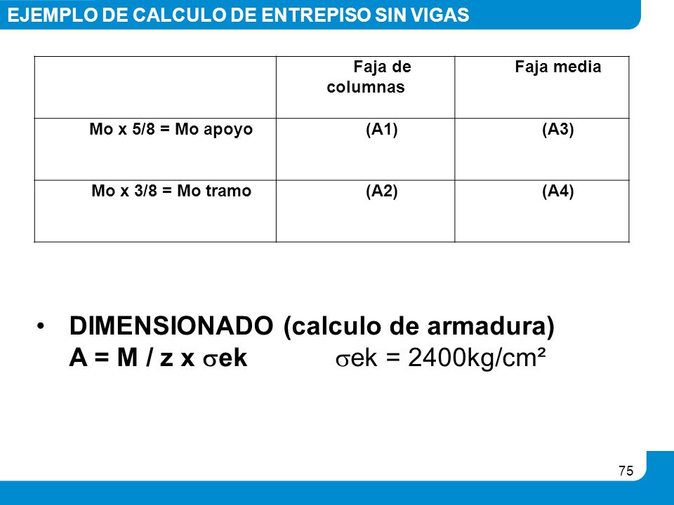 DIMENSIONADO (calculo de armadura) A = M / z x ek ek = 2400kg/cm²