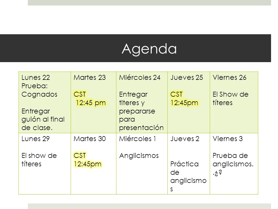 Agenda Lunes 22 Prueba: Cognados Entregar guión al final de clase.