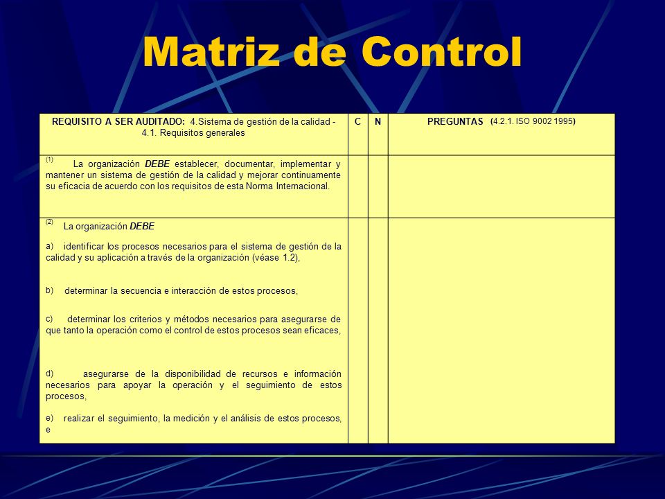 Matriz de Control REQUISITO A SER AUDITADO: 4.Sistema de gestión de la calidad Requisitos generales.