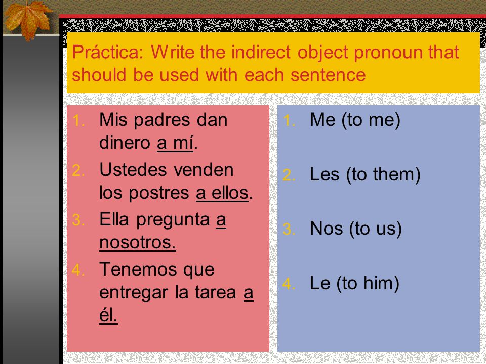 Práctica: Write the indirect object pronoun that should be used with each sentence