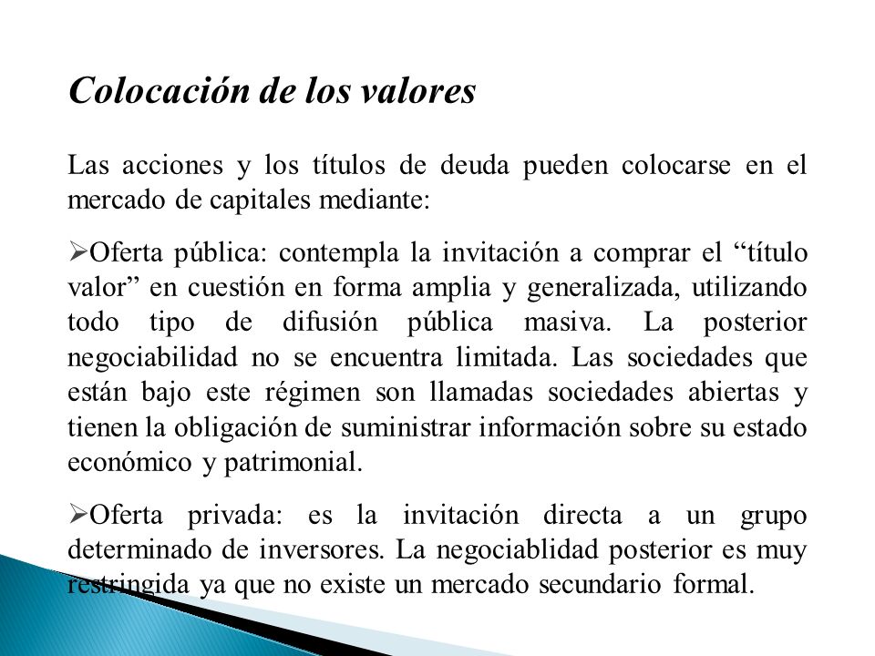Colocación de los valores