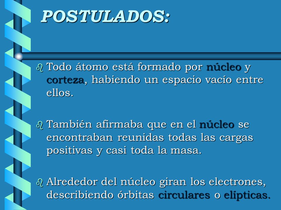 POSTULADOS: Todo átomo está formado por núcleo y corteza, habiendo un espacio vacío entre ellos.