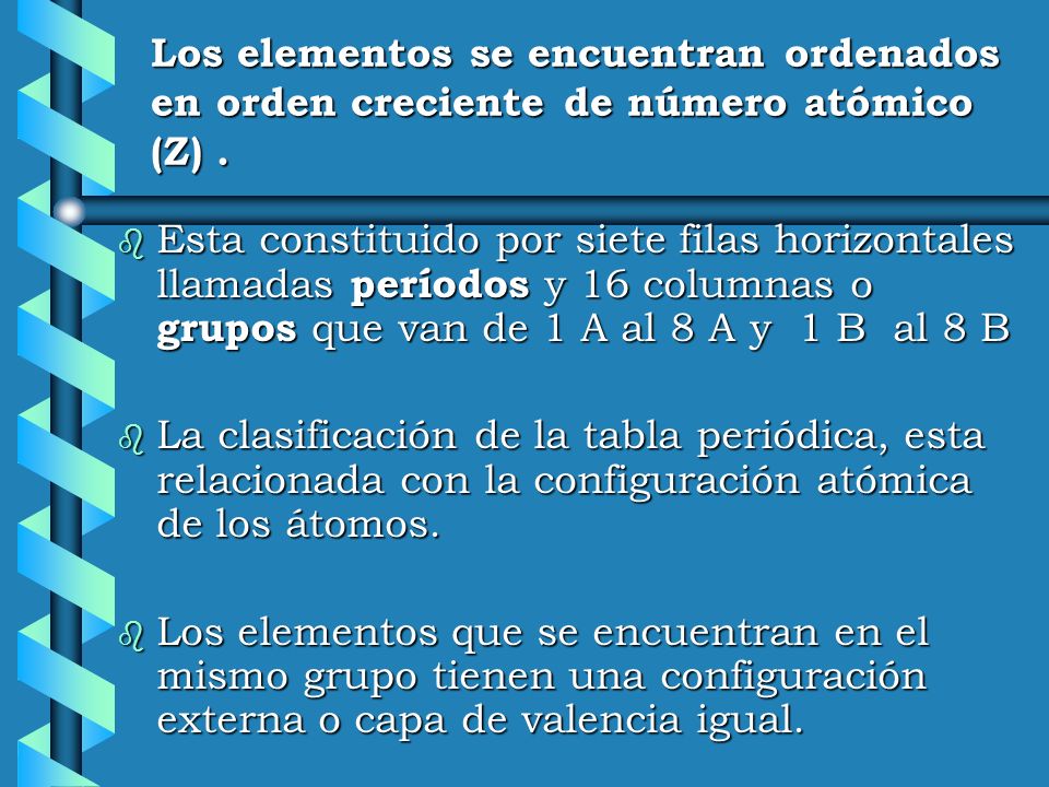 Los elementos se encuentran ordenados en orden creciente de número atómico (Z) .