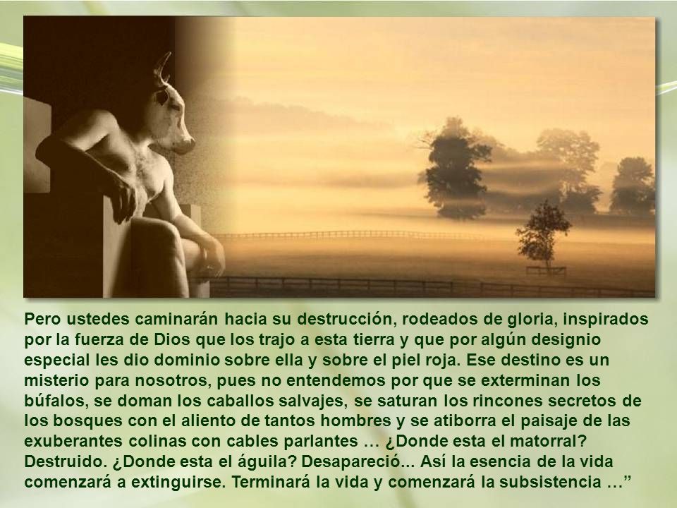Pero ustedes caminarán hacia su destrucción, rodeados de gloria, inspirados por la fuerza de Dios que los trajo a esta tierra y que por algún designio especial les dio dominio sobre ella y sobre el piel roja.