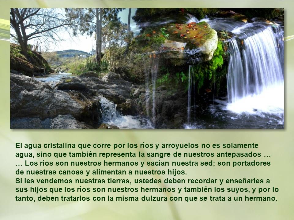 El agua cristalina que corre por los ríos y arroyuelos no es solamente agua, sino que también representa la sangre de nuestros antepasados … … Los ríos son nuestros hermanos y sacian nuestra sed; son portadores de nuestras canoas y alimentan a nuestros hijos.