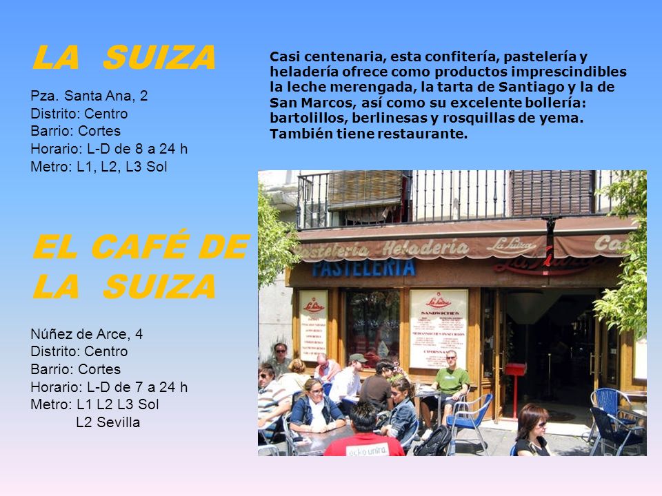 LA SUIZA EL CAFÉ DE LA SUIZA Pza. Santa Ana, 2 Distrito: Centro