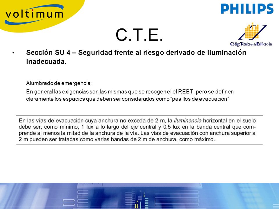 C.T.E. Sección SU 4 – Seguridad frente al riesgo derivado de iluminación inadecuada. Alumbrado de emergencia: