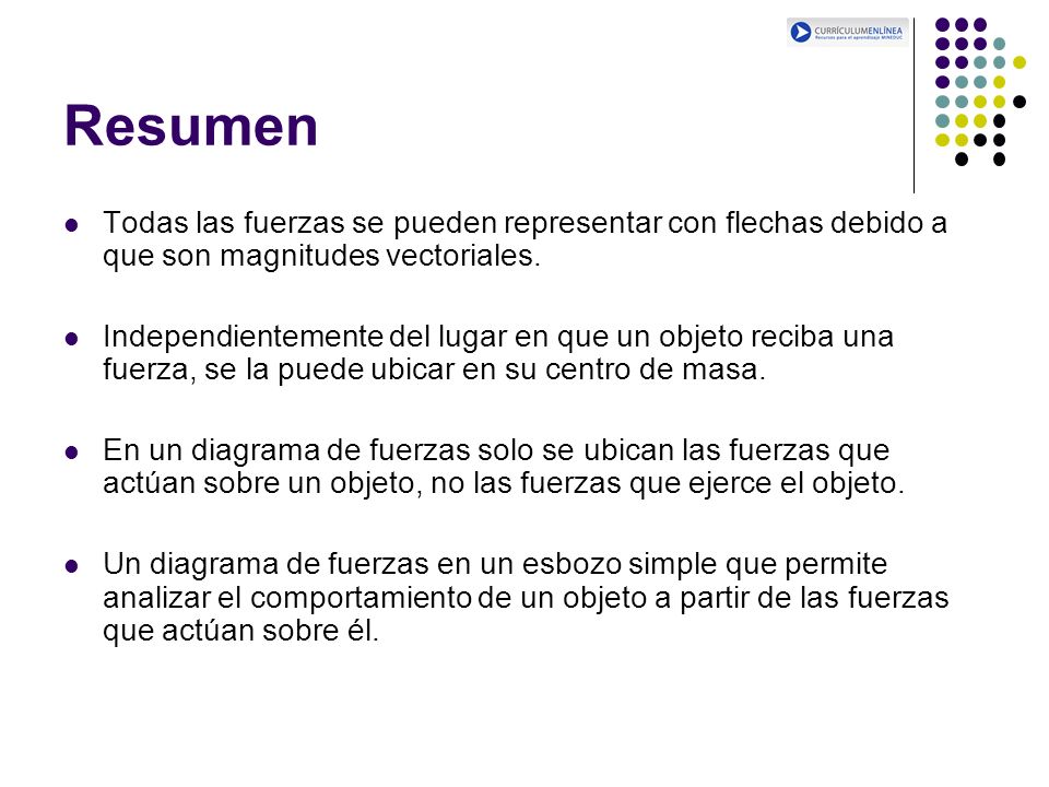 Resumen Todas las fuerzas se pueden representar con flechas debido a que son magnitudes vectoriales.