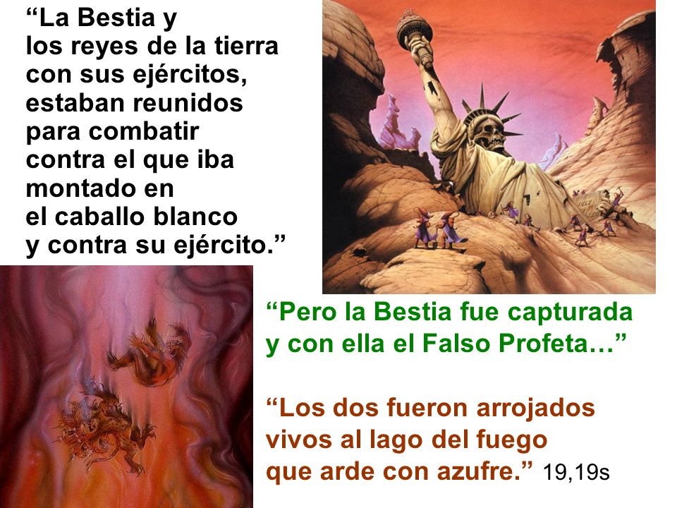 La Bestia y los reyes de la tierra. con sus ejércitos, estaban reunidos. para combatir. contra el que iba montado en.