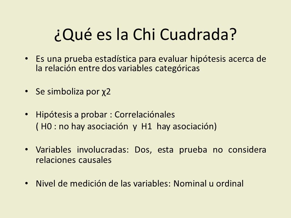 ¿Qué es la Chi Cuadrada Es una prueba estadística para evaluar hipótesis acerca de la relación entre dos variables categóricas.