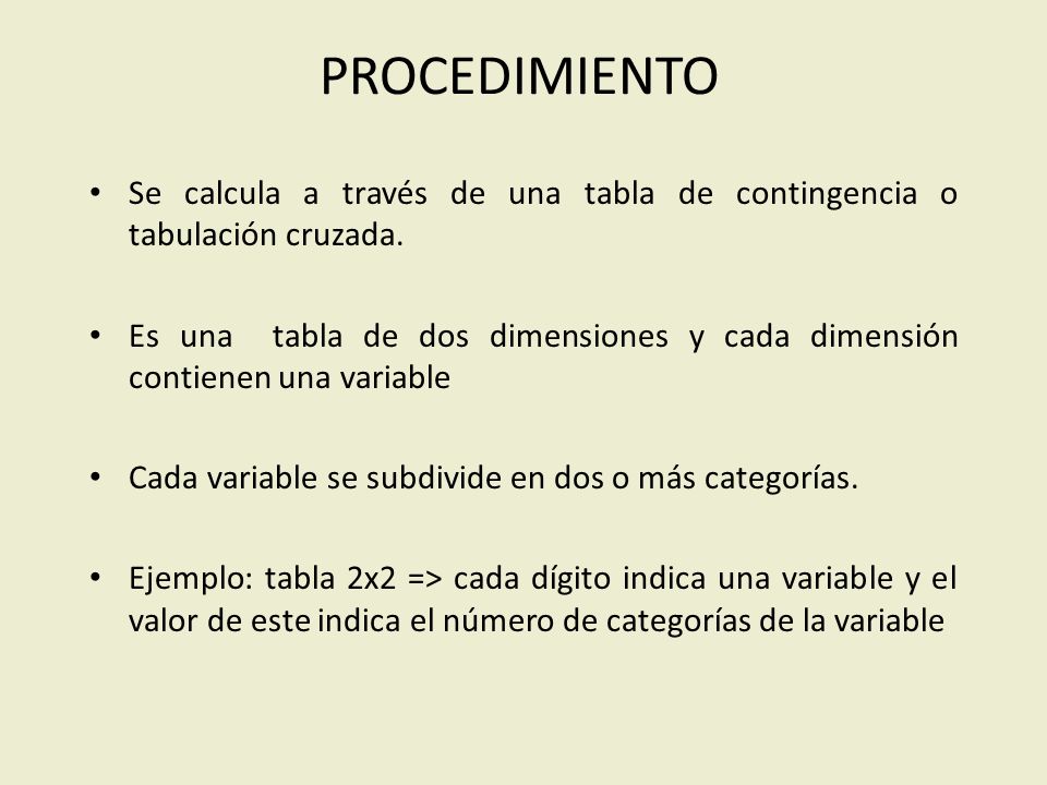 PROCEDIMIENTO Se calcula a través de una tabla de contingencia o tabulación cruzada.