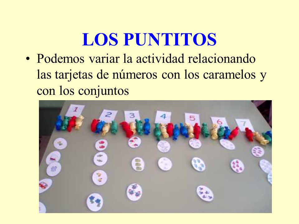 LOS PUNTITOS Podemos variar la actividad relacionando las tarjetas de números con los caramelos y con los conjuntos.