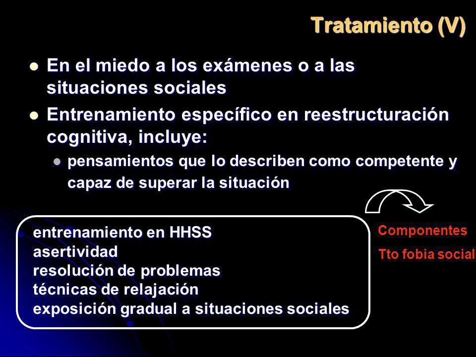 Tratamiento (V) En el miedo a los exámenes o a las situaciones sociales. Entrenamiento específico en reestructuración cognitiva, incluye: