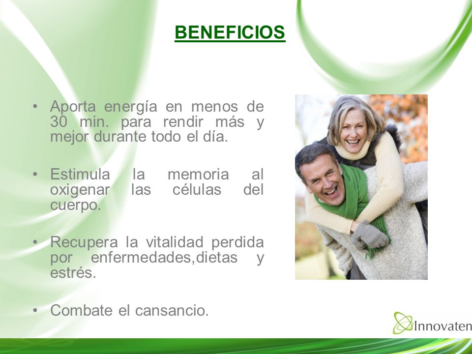 BENEFICIOS Aporta energía en menos de 30 min. para rendir más y mejor durante todo el día. Estimula la memoria al oxigenar las células del cuerpo.