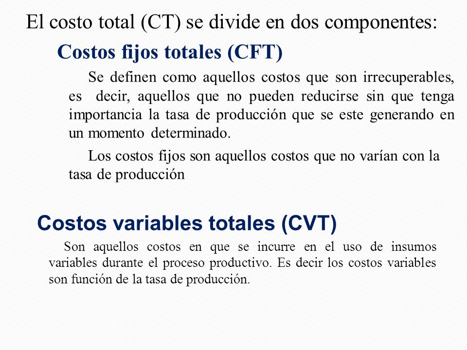 El costo total (CT) se divide en dos componentes: