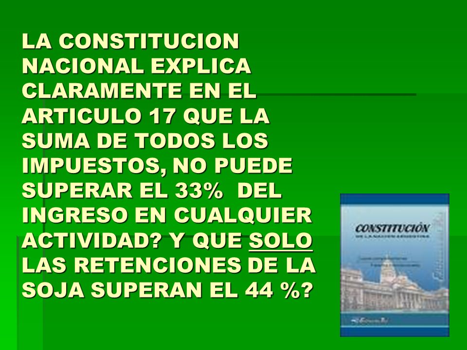 LA CONSTITUCION NACIONAL EXPLICA CLARAMENTE EN EL ARTICULO 17 QUE LA SUMA DE TODOS LOS IMPUESTOS, NO PUEDE SUPERAR EL 33% DEL INGRESO EN CUALQUIER ACTIVIDAD.
