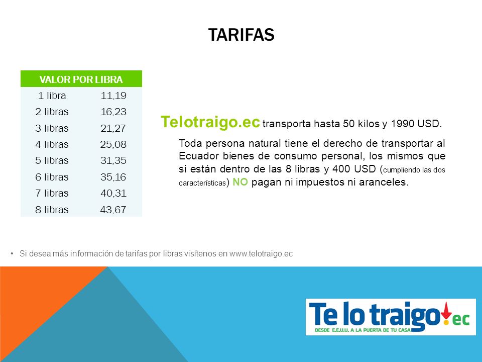 tarifas Telotraigo.ec transporta hasta 50 kilos y 1990 USD.