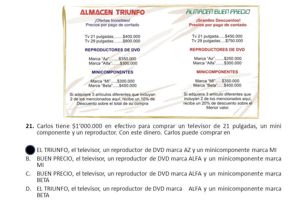 21. Carlos tiene $1’ en efectivo para comprar un televisor de 21 pulgadas, un mini componente y un reproductor. Con este dinero. Carlos puede comprar en