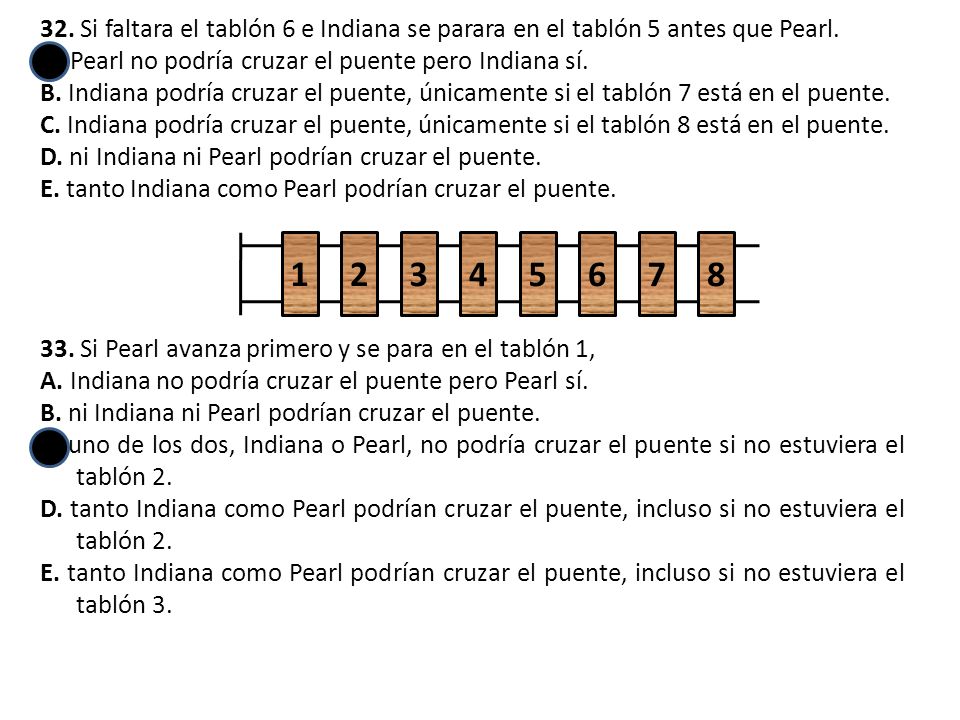 32. Si faltara el tablón 6 e Indiana se parara en el tablón 5 antes que Pearl.